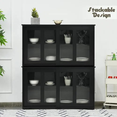 Vista 4 de LOKO Armario apilable para bufé, armario de almacenamiento de cocina con puertas corredizas de vidrio templado, pequeño aparador para cocina, Negro