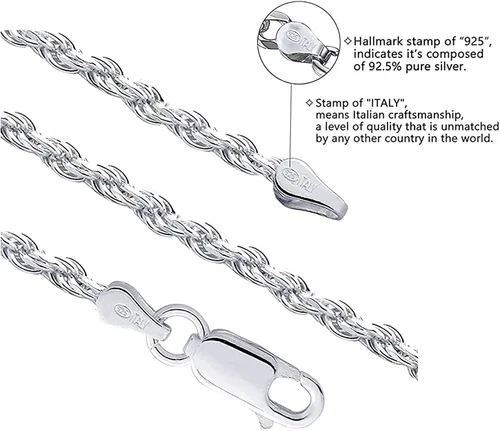 Vista 2 de Savlano Collar de cadena de eslabones giratorios de plata de ley 925 de 0236in con cuerda italiana maciza con caja de regalo para hombres y mujeres