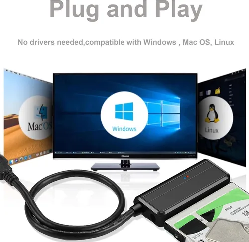 Vista 7 de Cable SATA a USB 3.0 a 2.5 Adaptador de disco duro de 3.5 pulgadas, convertidor externo para transferencia de datos SSD/HDD, con fuente