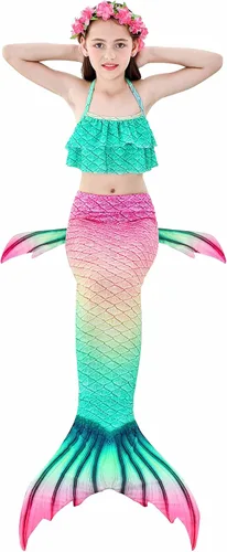 Vista 2 de Colas de sirena para nadar para niñas, 5 piezas, conjunto de traje de baño de bikini de 4 a 13 años