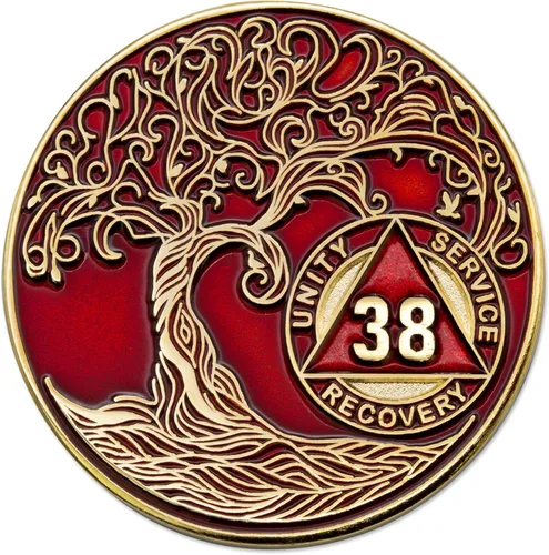 Vista 116 de 1 año Sobriety Mint Twisted Tree of Life Medallón de recuperación AA chapado en oro, chip/ficha - negro