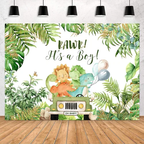 Vista 2 de Avezano Decoración de fiesta de dinosaurio para baby shower, telón de fondo para niños, caricatura, dinosaurio "It's a boy", fondo para baby shower