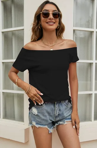 Vista 2 de Halife - Blusa de manga corta para mujer, estilo informal con hombro descubierto, para verano, corte holgado