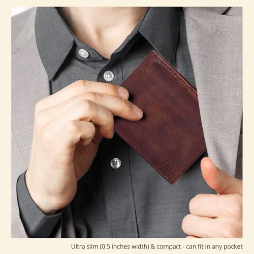 Vista 50 de Cartera delgada de cuero para hombre, bloqueo RFID, bolsillo frontal minimalista, delgada y elegante con ventana de identificación, regalo