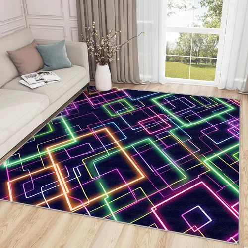 Vista 14 de Alfombra geométrica para habitación de niños, alfombra de 2 x 3, alfombra geométrica, alfombra abstracta futurista neón, alfombra rosa intenso