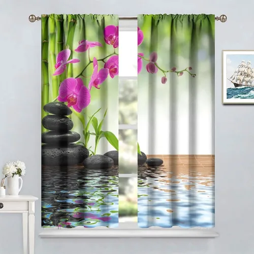 Vista 4 de Cortina de spa, tapete de bambú con diseño de piedras de orquídea, cortinas opacas para dormitorio, sala de estar, cocina, oscurecimiento