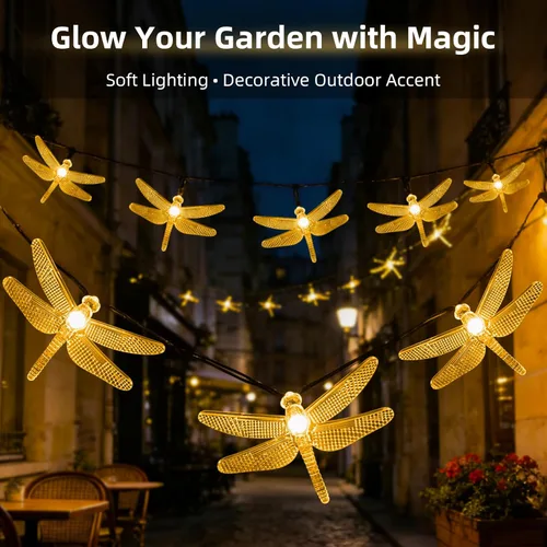 Vista 6 de ASFSKY Luces solares de libélula al aire libre 50 LED libélula luces impermeables blanco cálido