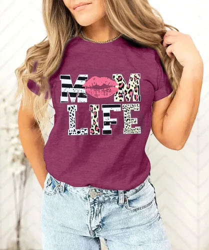 Vista 2 de Camisa Lotucy con letras impresas Mom Life, Tired Mom, Blessed Mama, de manga corta, para mujer