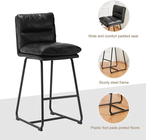 Vista 6 de Glitzhome Juego de mesa y sillas de comedor, mesa redonda de acero negro con parte superior de madera de olmo sólido y taburetes de bar de cuero