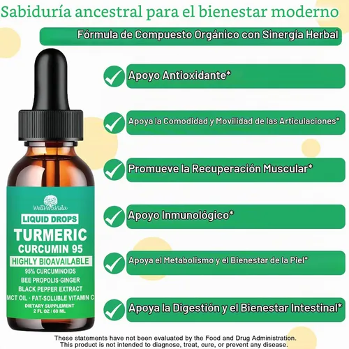 Vista 3 de Suplemento de curcumina de cúrcuma, cúrcuma líquida con pimienta negra y Absorción máxima del 95% de curcuminoides, curcumina de cúrcuma 1000 mg