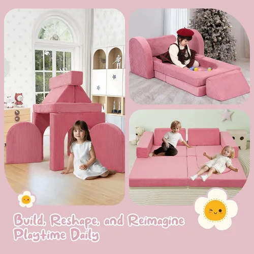 Vista 7 de MeMoreCool Juego de Sofá Modular Infantil de 10 Piezas — Juego de Sofá de Espuma Convertible de Corduroy para Construir Fortalezas, Relajarse