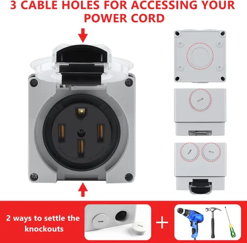 Vista 4 de Newdeli Caja de toma de corriente de 50 amperios NEMA 14-50R Rv Panel de toma de corriente eléctrica de 125/250 voltios, caja de salida impermeable