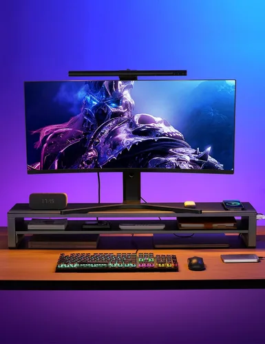 Vista 4 de Soporte de monitor dual de 2 niveles con almohadilla de carga automática, 4 puertos USB 3.0 concentrador, soporte de escritorio de metal