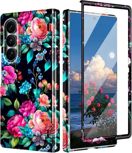 Vista 18 de Btscase Funda para Samsung Galaxy Z Fold 5, protector de pantalla frontal integrado, patrón de mármol dorado con purpurina de policarbonato duro