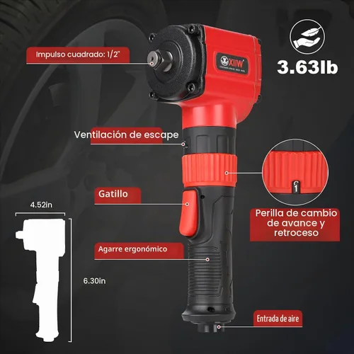 Vista 2 de XIIW Llave de impacto angular de 1/2 pulgada, par máximo de 910 pies-libras, diseño compacto y ligero de 3.63 lb, pistola de aire de impacto mini