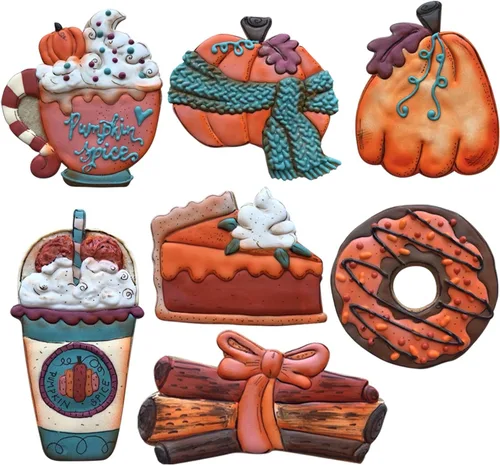 Vista 2 de LILIAO Juego de cortadores de galletas de otoño, 8 piezas, calabaza, taza de café con leche, taza de café, rebanada de pastel, donas y canela, acero