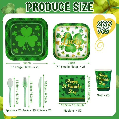 Vista 2 de Juego de vajilla de 200 piezas para fiesta del Día de San Patricio, juego de vajilla de trébol verde para 25 invitados, a cuadros, trébol
