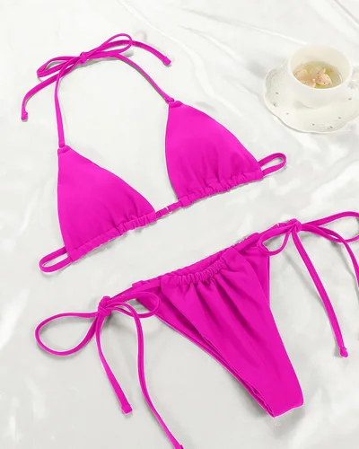 Vista 5 de Women Halter String Bikini Set Sexy Thong Cheeky Two Piece Swimsuits Solid Color Bathing Swimwear