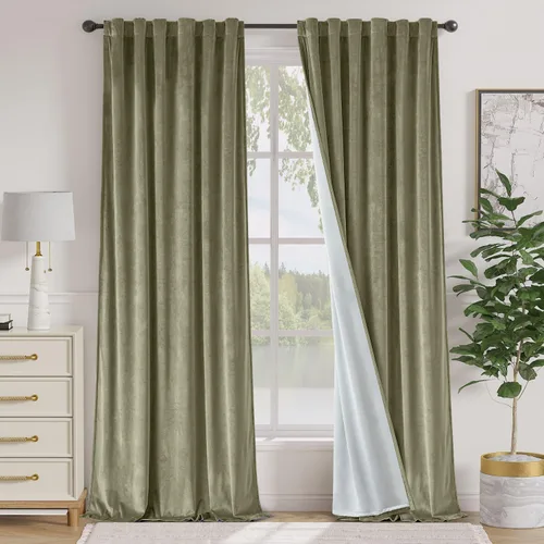 Vista 127 de Lazzzy Cortinas opacas de terciopelo beige de 84 pulgadas de largo con aislamiento térmico para oscurecer la habitación, cortinas forradas de lujo