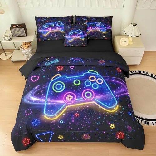Vista 9 de MWMWMW Juego de edredón gaming de 5 piezas para niños, juegos de ropa de cama twin para niños, juego de edredón tamaño twin para niños con 1