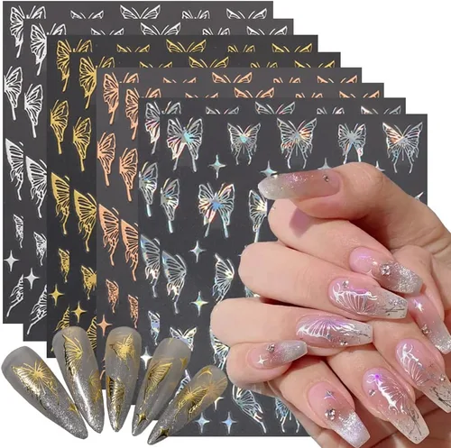Vista 27 de 5 hojas de calcomanías de arte de uñas de mariposa, 3D coloridas mariposas, suministros de arte de uñas, mariposas, flores, calcomanías Con