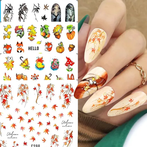 Vista 3 de 6 hojas de calcomanías de arte de uñas de otoño, Acción de Gracias, otoño, hoja de arce 3D, diseños de calabaza, ardilla, nuez, transferencia