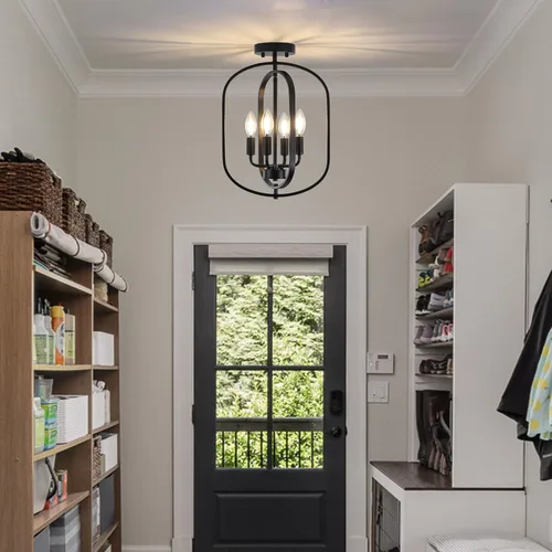 Vista 5 de Lámpara de techo negra de montaje empotrado, 4 luces, luces de techo semiempotradas, accesorios de iluminación de cocina, lámpara industrial moderna