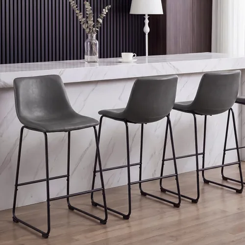 Vista 12 de LSSBOUGHT Taburete de bar, taburetes de bar modernos de altura de mostrador, taburete de bar de cuero sintético con patas y reposapiés de metal