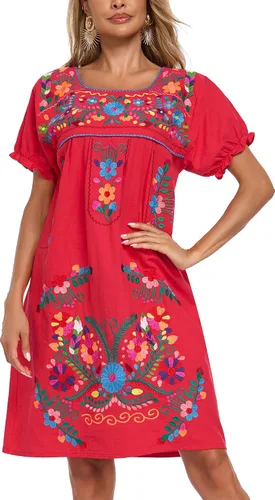Vista 40 de YZXDORWJ Vestido bordado mexicano de manga corta para mujer 222BK