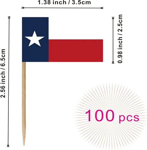 Vista 2 de Bandera de palillo de dientes de Texas State de Texas, tamaño pequeño, para cupcakes de frutas, decoración de palitos de alimentos, paquete de 100