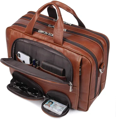 Vista 9 de Augus Maletín de viaje de negocios de cuero genuino bolsas de lona para hombres bolsa de portátil se adapta a 15.6 pulgadas portátil