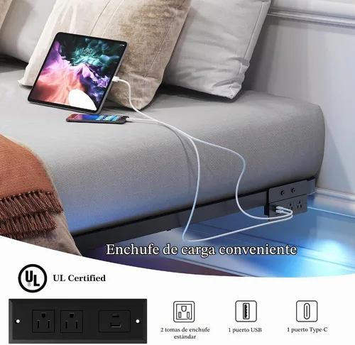 Vista 3 de Base de cama flotante con luces LED y estación de carga - Base de cama moderna de plataforma metálica con juntas de colchón - Libre de ruido,