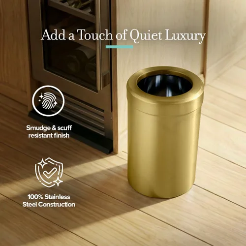 Vista 6 de Gatco Cubo de basura pequeño con tapa, redondo de acero inoxidable de 3 galones, debajo del fregadero, latón cepillado, para baño, dormitorio