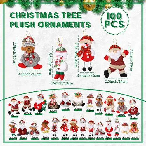 Vista 2 de Suzile 100 adornos de felpa para árbol de Navidad, Papá Noel, oso de muñeco de nieve, decoraciones navideñas tradicionales colgantes de árbol
