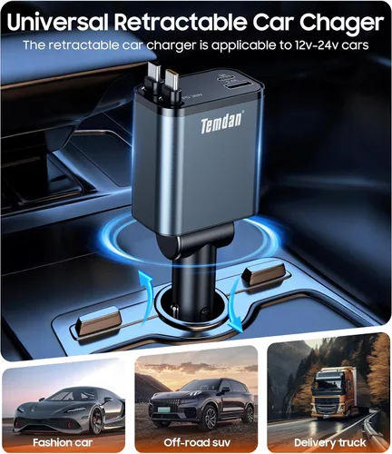 Vista 4 de Temdan Cargador de coche retráctil,75W cargador rápido USB C coche camión Gris