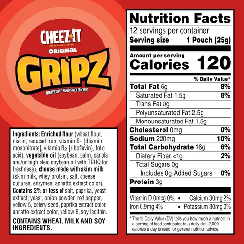 Vista 2 de Cheez-It Gripz, pequeñas galletas de queso horneadas, originales, ideales para llevar sobre la marcha, caja de 10.8 onzas (12 bolsas)