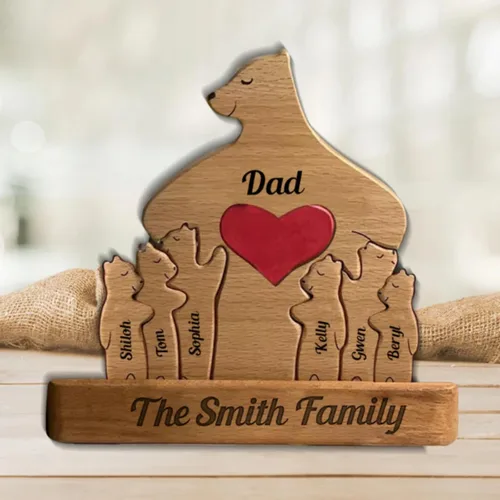 Vista 6 de Rompecabezas personalizado con nombre de la familia, rompecabezas de oso de madera, rompecabezas de madera personalizable de roble decorativo