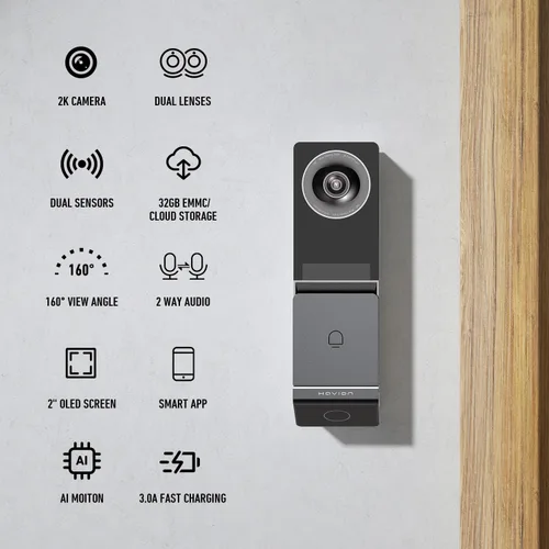 Vista 2 de HAVION Cámara de timbre de video inalámbrica D1 - por NIU Inno., incluye timbre, cámaras duales, 5MP 3K QHD, pantalla de 2 pulgadas, eMMC de 32 GB