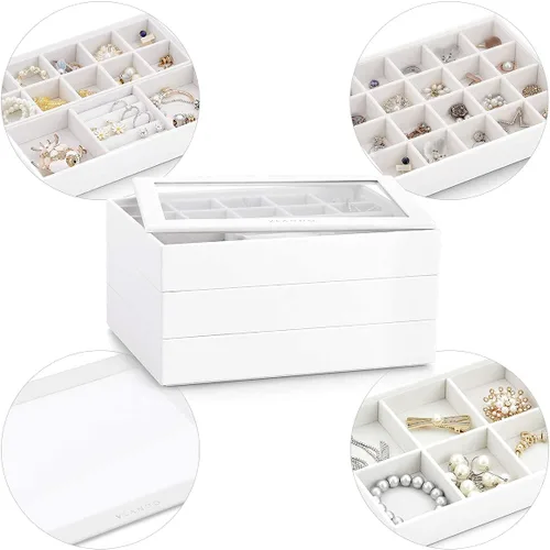 Vista 8 de Vlando - Bandeja organizadora de joyas apilable de gran capacidad organizador de cajones bandeja de exhibición caja para anillos aretes collares