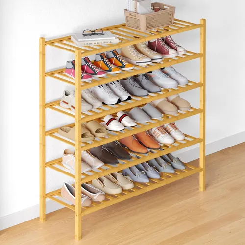 Vista 16 de Smiry Zapatero de bambú para armario, organizador de zapatos de madera de 3 niveles, estante apilable de almacenamiento de zapatos de madera