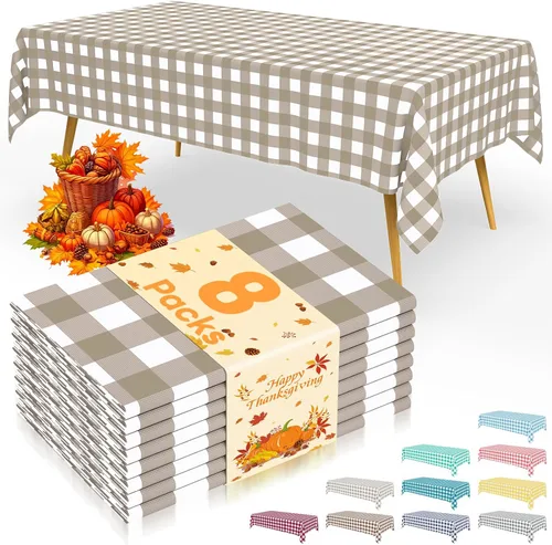 Vista 10 de Smiry 8 paquetes de manteles desechables Gingham, 54 x 108 pulgadas, manteles de plástico impermeables rectangulares en diseño a cuadros
