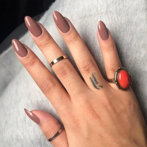 Vista 2 de Uñas postizas a presión marrón café, uñas postizas medianas de almendra, color sólido, cobertura completa, uñas postizas artificiales brillantes