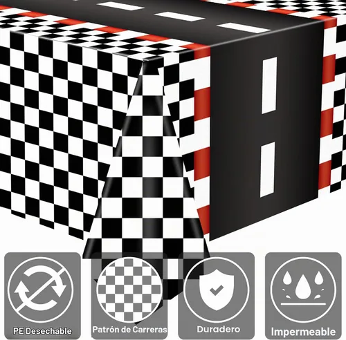 Vista 3 de 2 manteles de plástico desechables con diseño de automóvil de carreras, con diseño de bandera a cuadros negros, mantel rectangular para niños