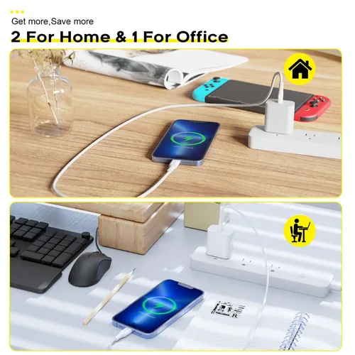 Vista 6 de Cargador rápido para iPhone, cable de carga de teléfono, paquete de 3 cargadores de iPhone de carga rápida de 6 pies, adaptador de carga USB C de 6