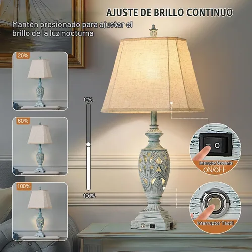 Vista 4 de Juego de 2 lámparas de mesa tradicionales con control táctil de 29.5" de alto, lámparas de mesita de noche vintage con puertos USB duales