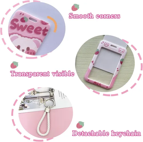 Vista 3 de FGISAR 2 piezas de soporte para tarjeta fotográfica Kpop, lindo oso de fresa, soporte para tarjetas de identificación Kpop con llavero, carrete