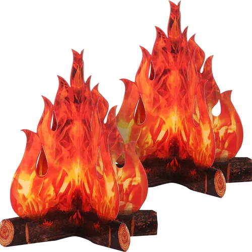 Vista 7 de Boao 2 juegos de fuego falso, llama falsa, decoración de campamento, pieza central de fogata de cartón 3D, llamas artificiales, decoración de fiesta