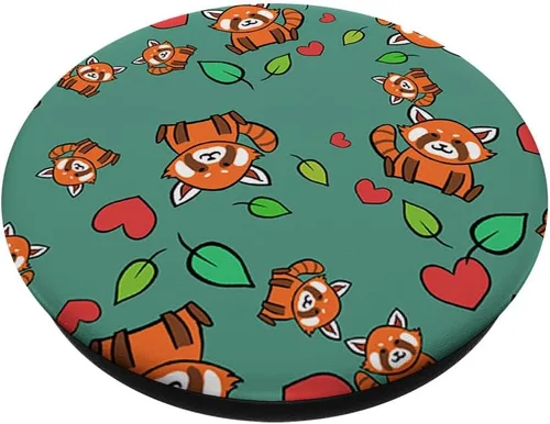 Vista 2 de Patrón de hojas de corazón de panda roja Kawaii Wild Animal Lover PopSockets intercambiable PopGrip