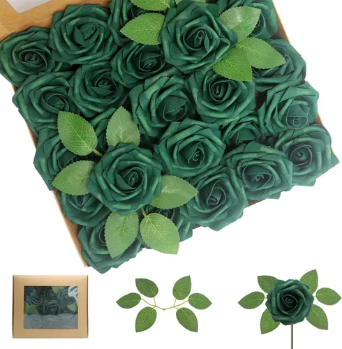 Vista 47 de 25 rosas realistas negras, flores artificiales de espuma de látex con tallos flexibles y 8 hojas para decoración de bodas, hogar y fiestas Negro