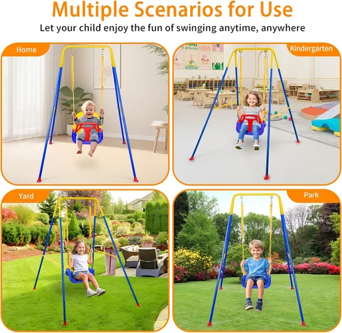 Vista 7 de Juego de columpios 3 en 1 para niños pequeños, columpio plegable con soporte, para interiores y exteriores, columpios multifuncionales para patio